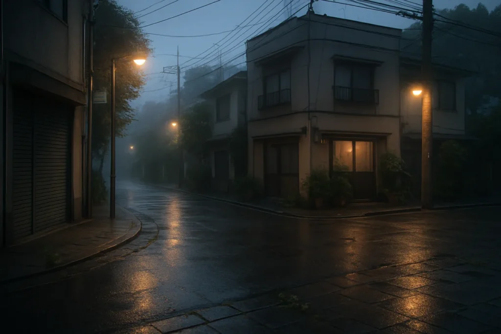 夕方の街角に灯る街灯と揺れる影の風景