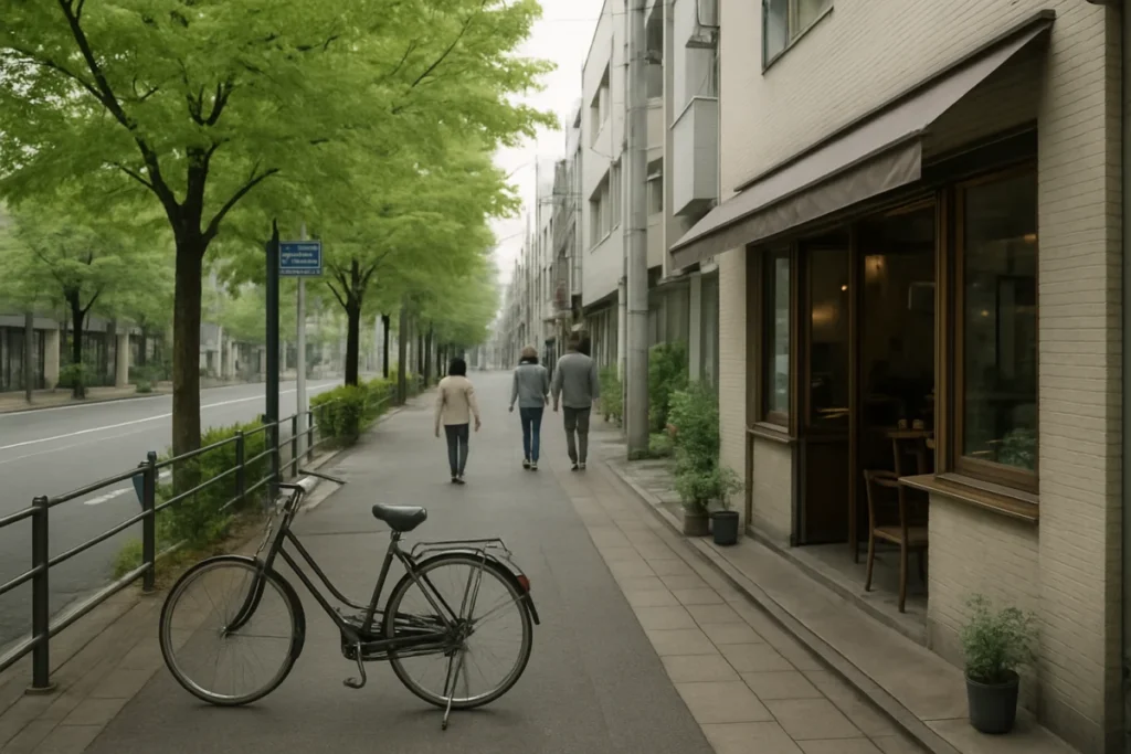 曇り空の東京の街角と新緑の木々の風景