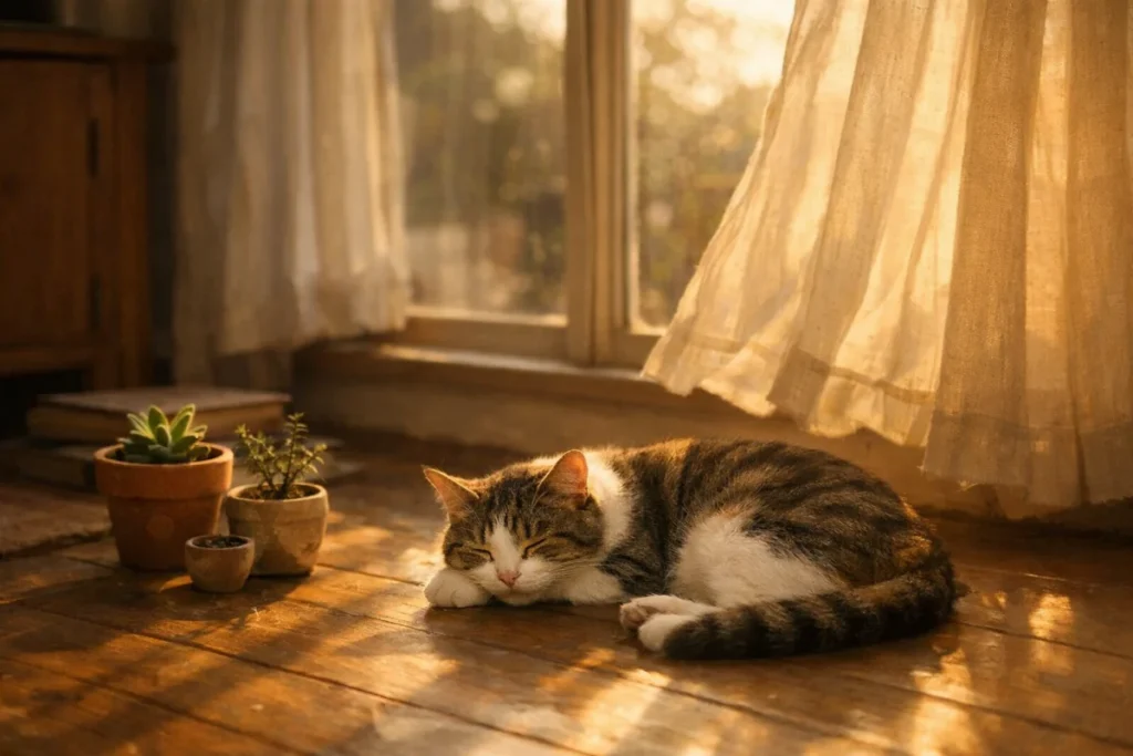日差しを浴びて眠る猫の背中と木漏れ日