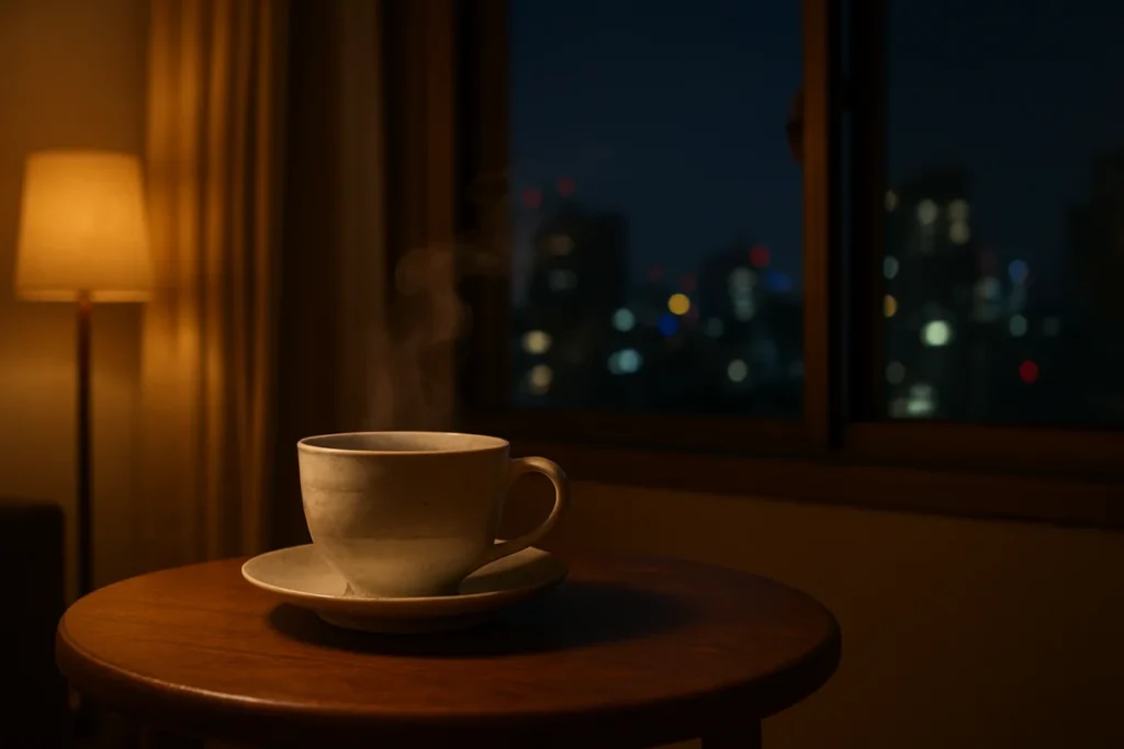 夜のリビングで湯呑みとお茶が置かれたテーブル、静かな雰囲気