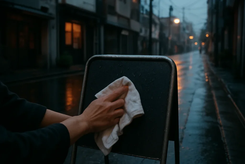 雨の夜明けの東京の路地で、看板の角を布で拭く作業の様子