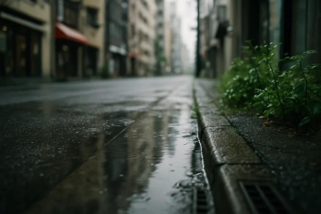 雨上がりの東京の歩道で水たまりの縁に沿って光が揺れる情景