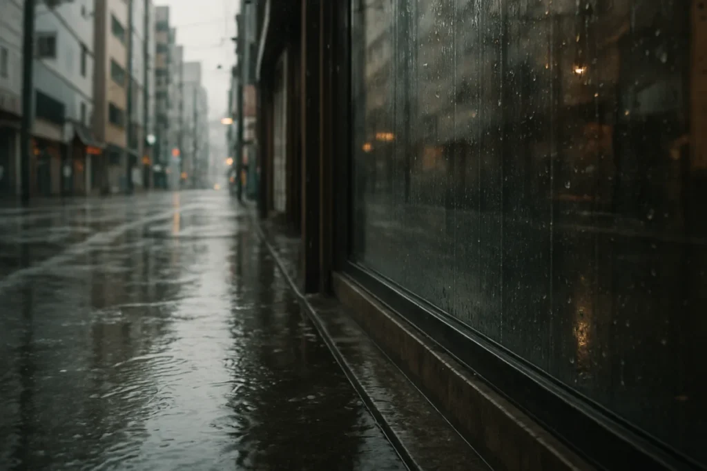 雨の日の東京の街角、濡れた歩道と店のガラスに映る光のにじみ