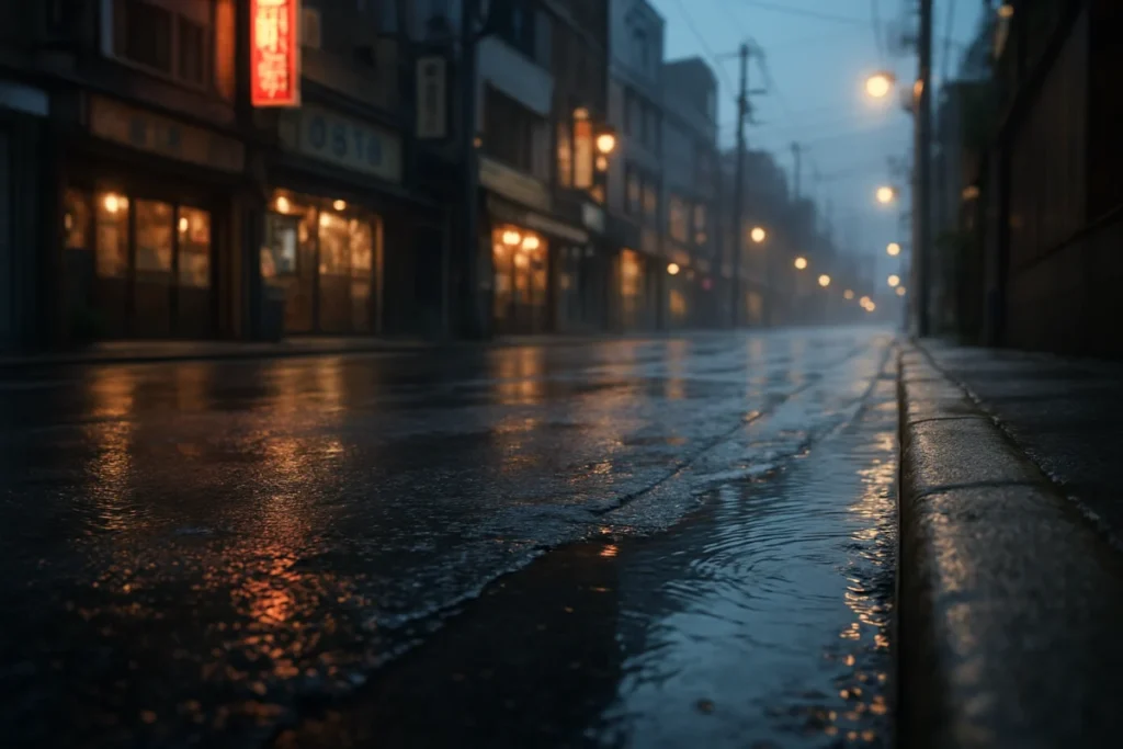 雨の夕方の東京、濡れた歩道の縁と側溝の水面、街灯に近い街角