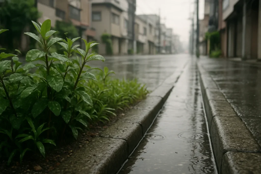 雨の午後、濡れた植栽と歩道の縁に水滴が光る街角の風景