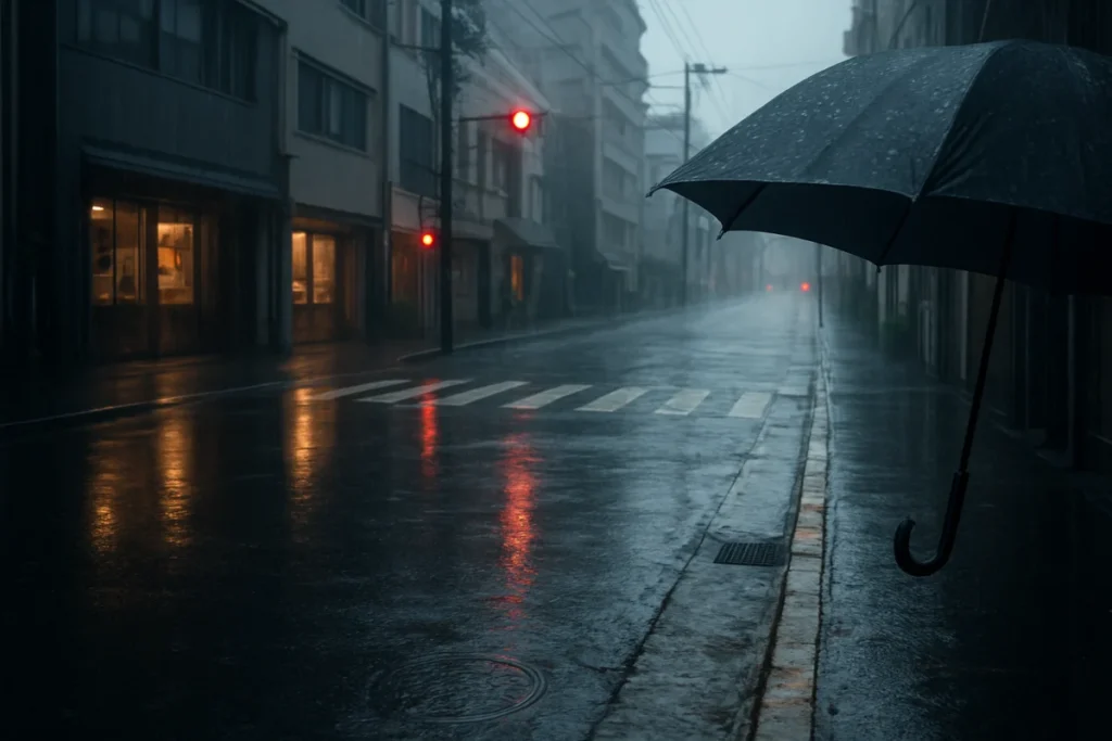 雨の朝の東京、濡れた歩道と側溝の水、信号の光が薄く反射する風景