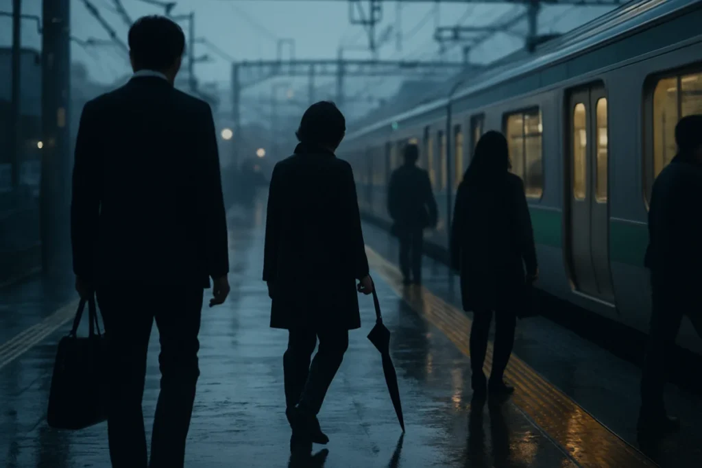 夕方の駅ホームで発車を待ち、空席の気配が広がる電車を見つめる人々の様子