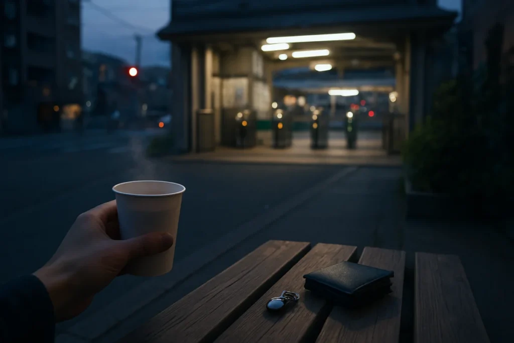 駅前のベンチで電車待ちをする人と、紙コップや改札の光が遠くに見える夕暮れの街