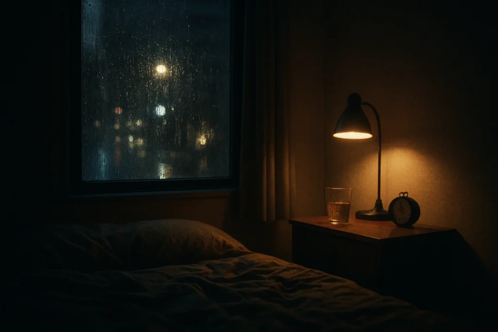 深夜の部屋、窓に降る雨と静かな灯りが、眠りへと誘う瞬間を描く。