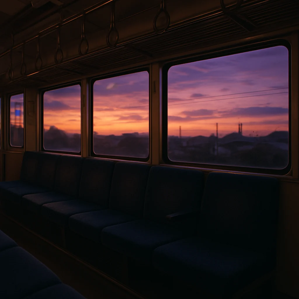 夕暮れ時の電車内から見える窓の風景