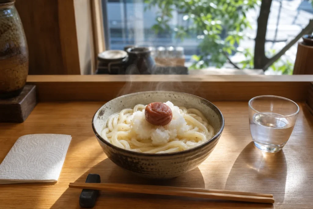 梅おろしうどんの湯気が立つ丼と箸先の手触り
