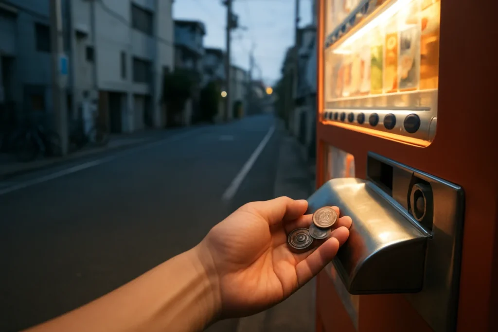 夕方の街角にある自販機の前、返却口の近くに手と小銭が見える場面