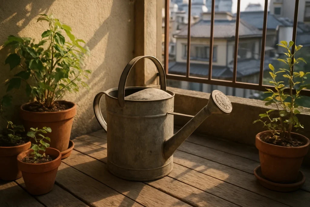 朝の光に照らされるベランダの古いジョウロと鉢植えの影