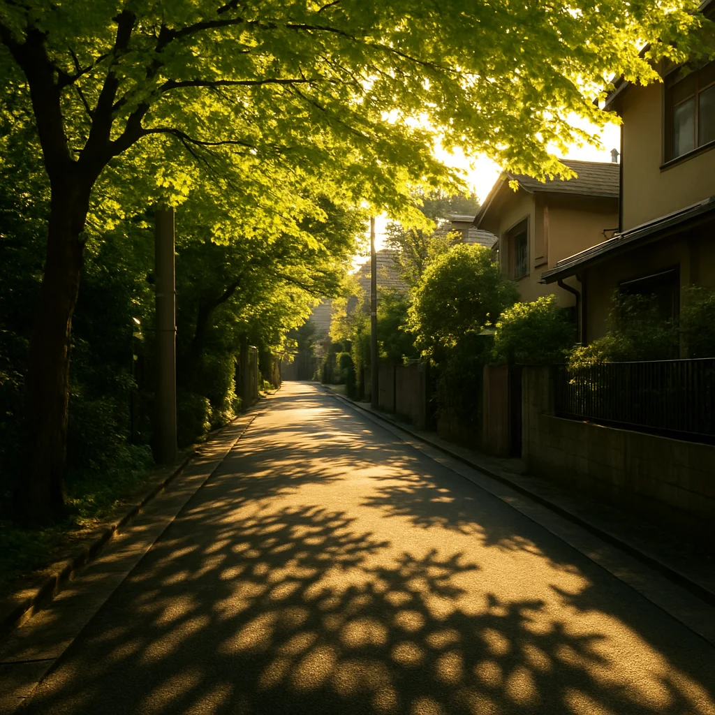 夕方の光が青葉を透かし、路地に落ちる葉影