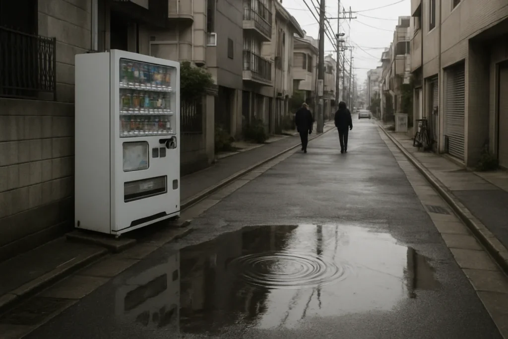 薄曇りの午前、自販機前の水たまりと歩く人影