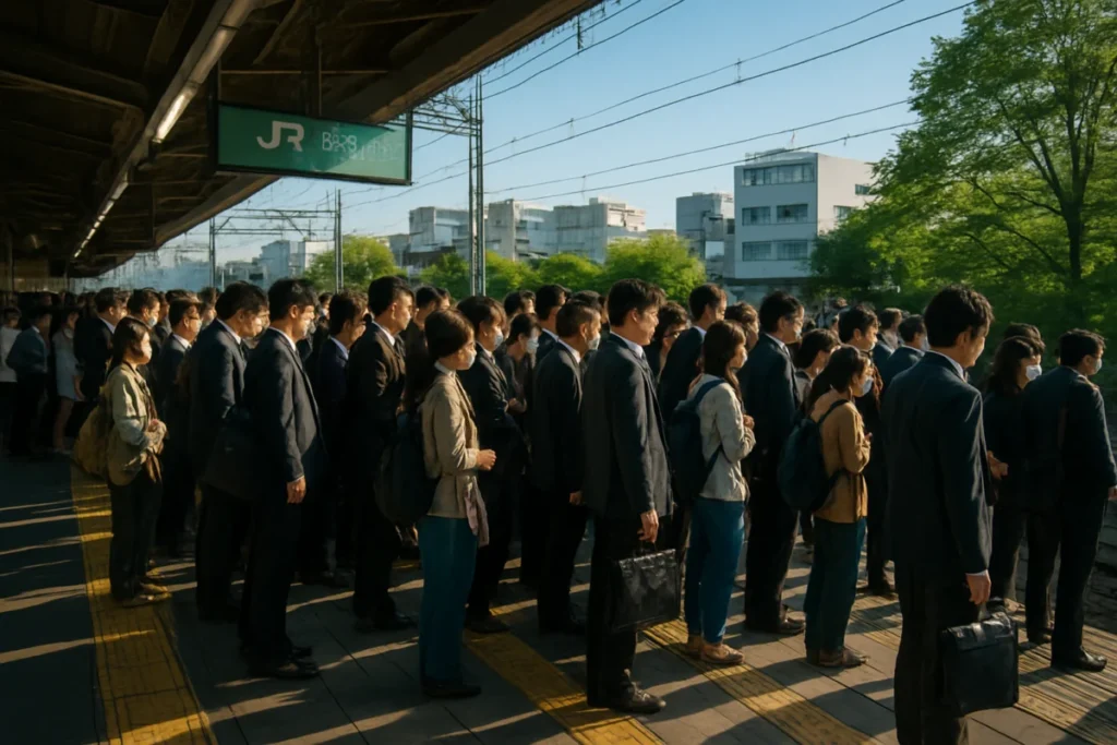 晴れた朝の東京の駅のプラットホーム