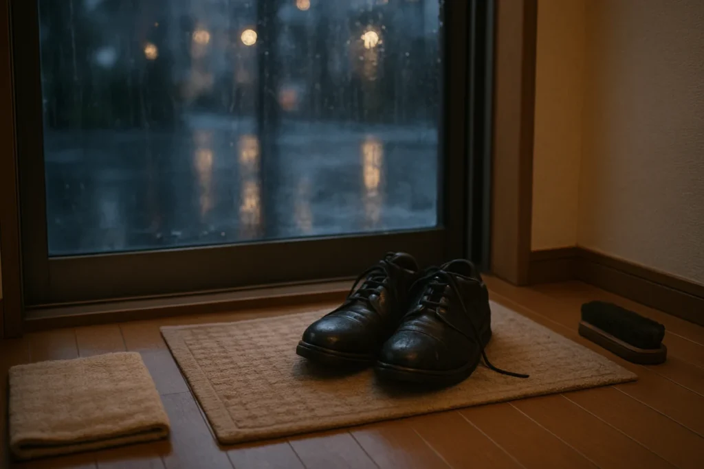 東京の雨の夕方、玄関先で濡れた靴ひもをほどいているような雰囲気の室内風景