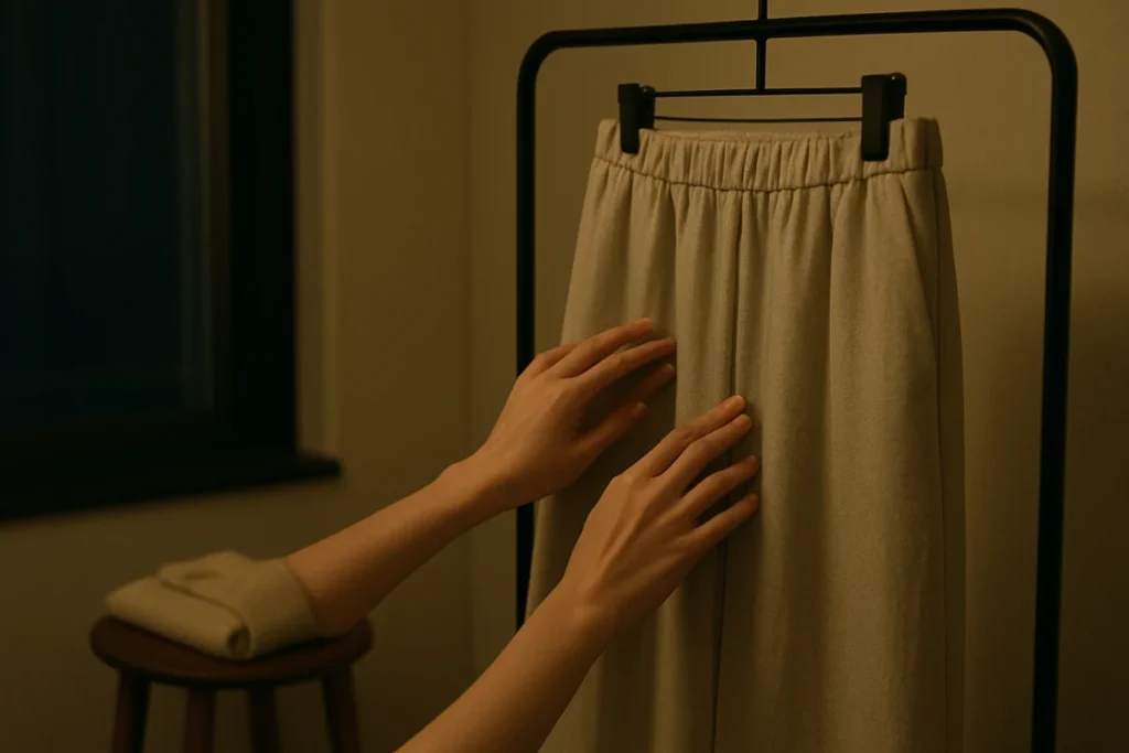 夜の部屋でハンガーに掛かったワイドパンツの生地感を手で確かめる様子