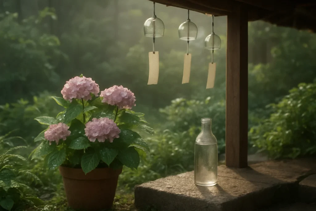 庭の風鈴と花が朝日を受ける静かな風景