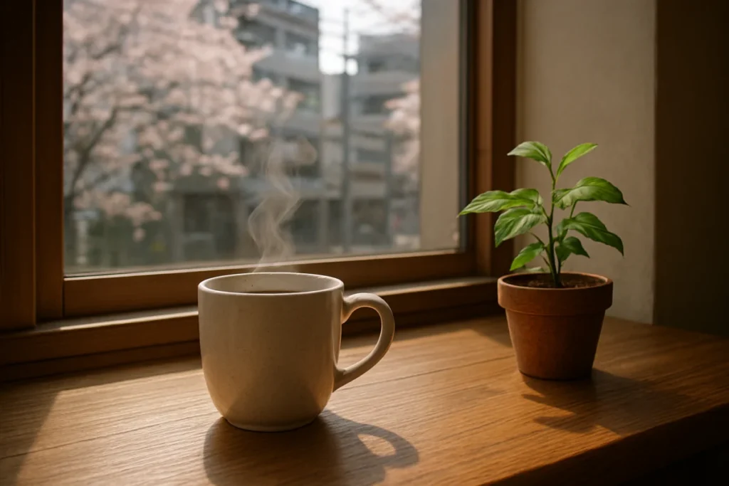 窓辺のコーヒーと葉影が揺れる静かな光景