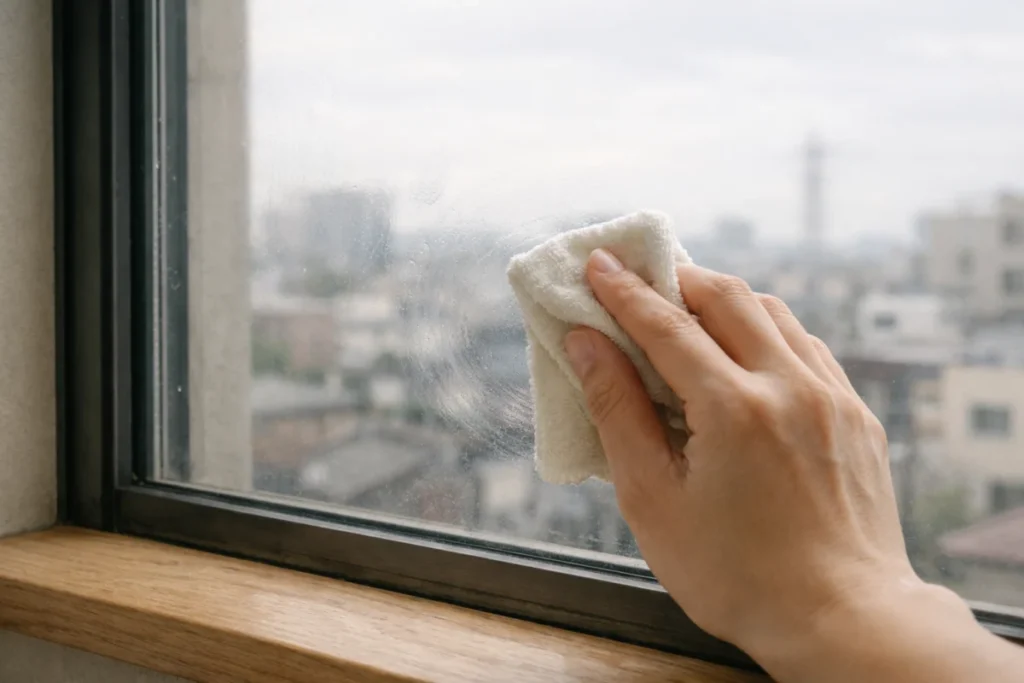 薄曇りの朝、窓辺のガラスにうっすら残る指紋と手元の布