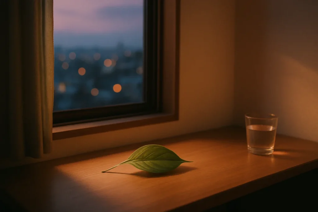 夕暮れの窓辺、葉が揺れる静かな風景