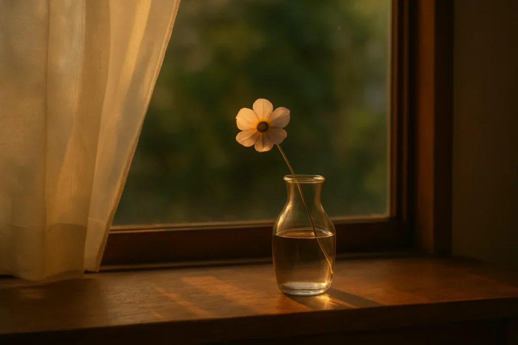 窓辺の花と木製の窓枠、夕暮れの光が差し込む部屋