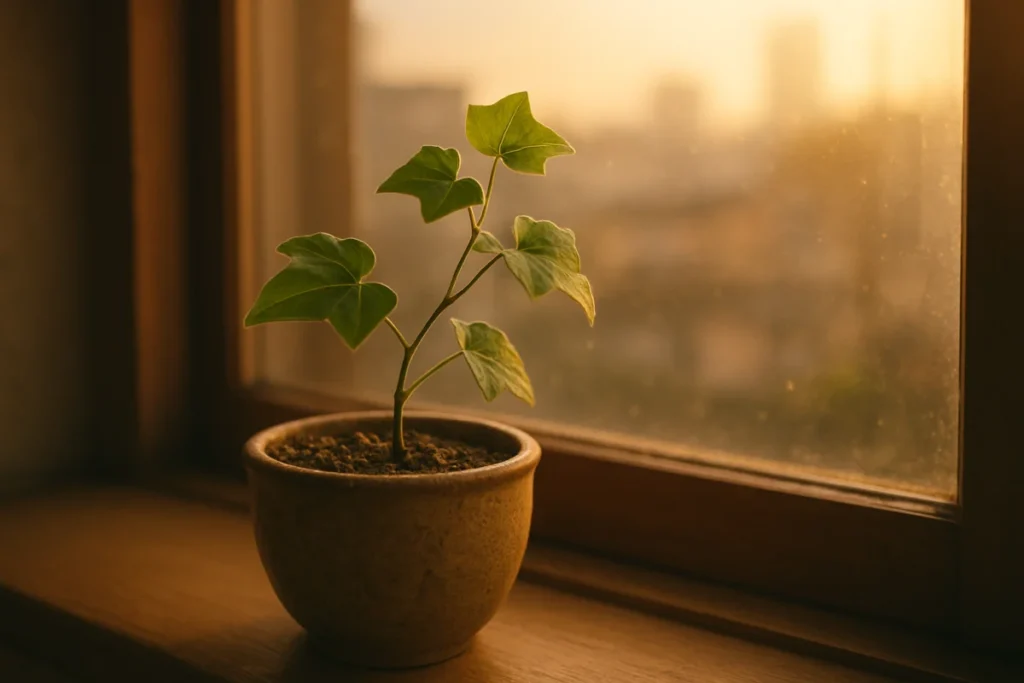 窓辺の鉢植えアイビーと夕暮れの光
