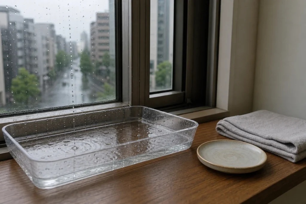 窓辺に置かれた水受けに雨の雫が落ちている様子
