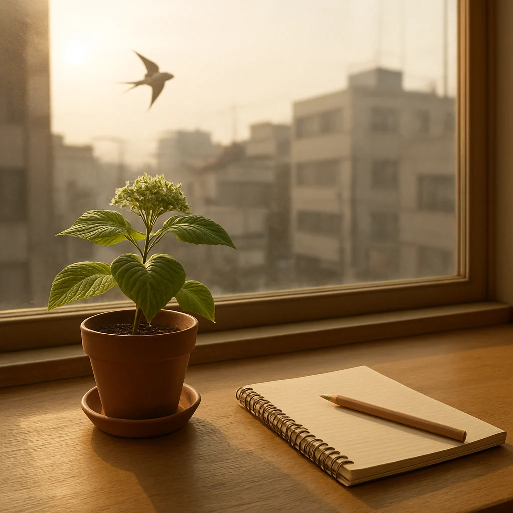 東京の早朝、窓辺の花とつぼみ、風に揺れる葉を背景に燕が飛ぶ穏やかな風景