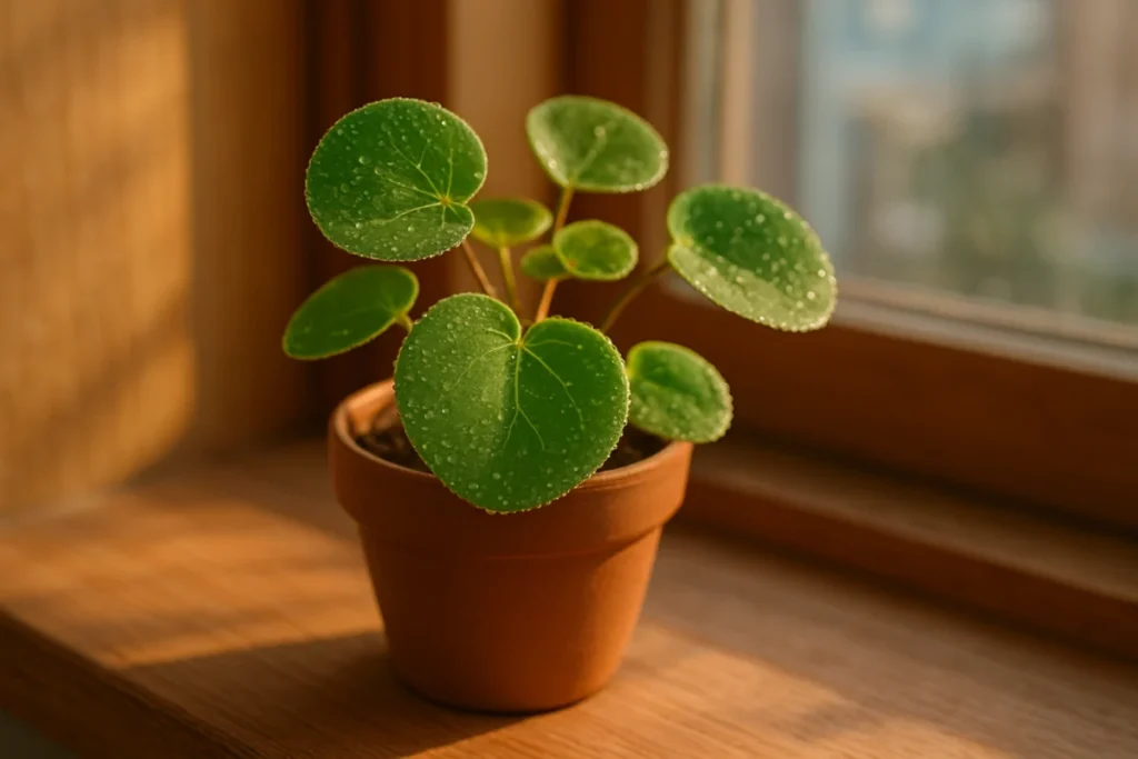午後の窓辺に置かれた小さな鉢植えの葉と土の質感、光が葉脈を透かす。