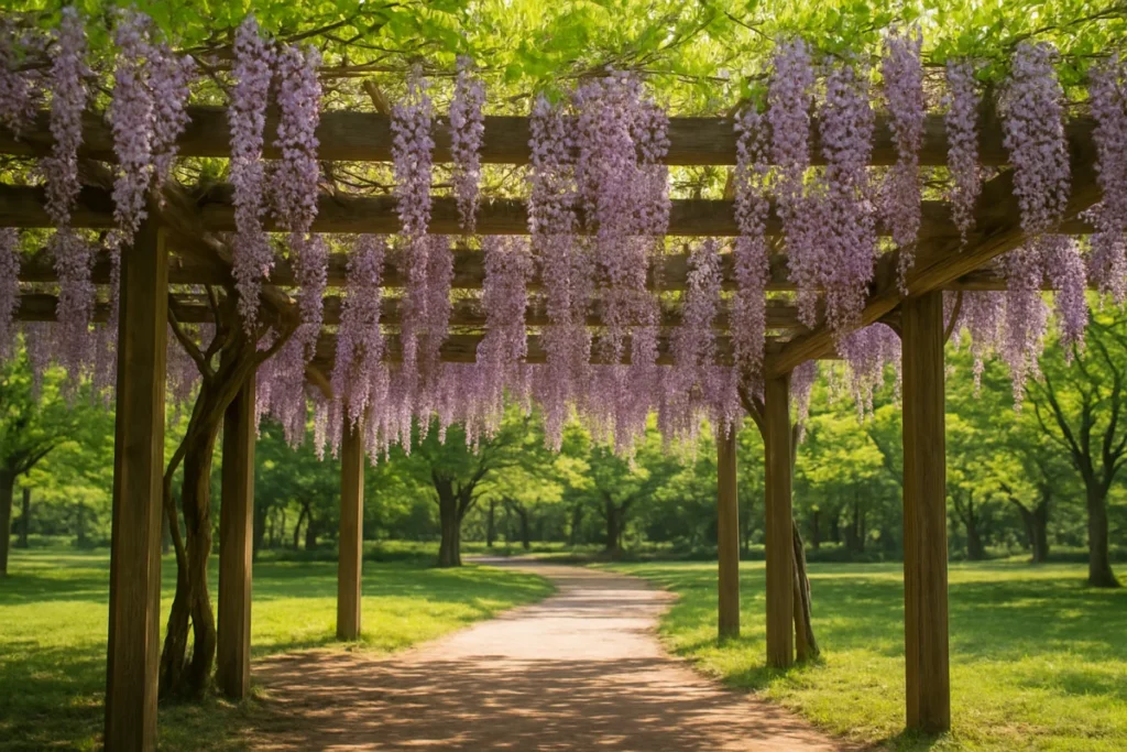 朝の光に照らされた藤棚と垂れ下がる紫色の花房