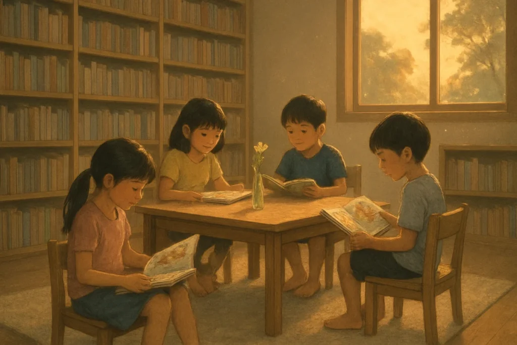 新図書室の木の椅子と子どもたちが並ぶ風景