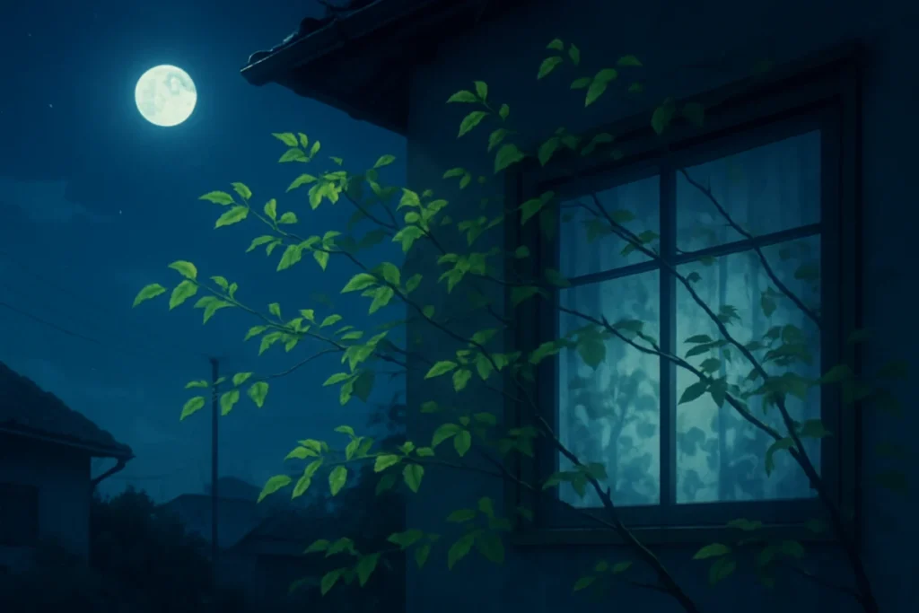 夜の静寂の中、窓辺で風に揺れる青々とした若葉