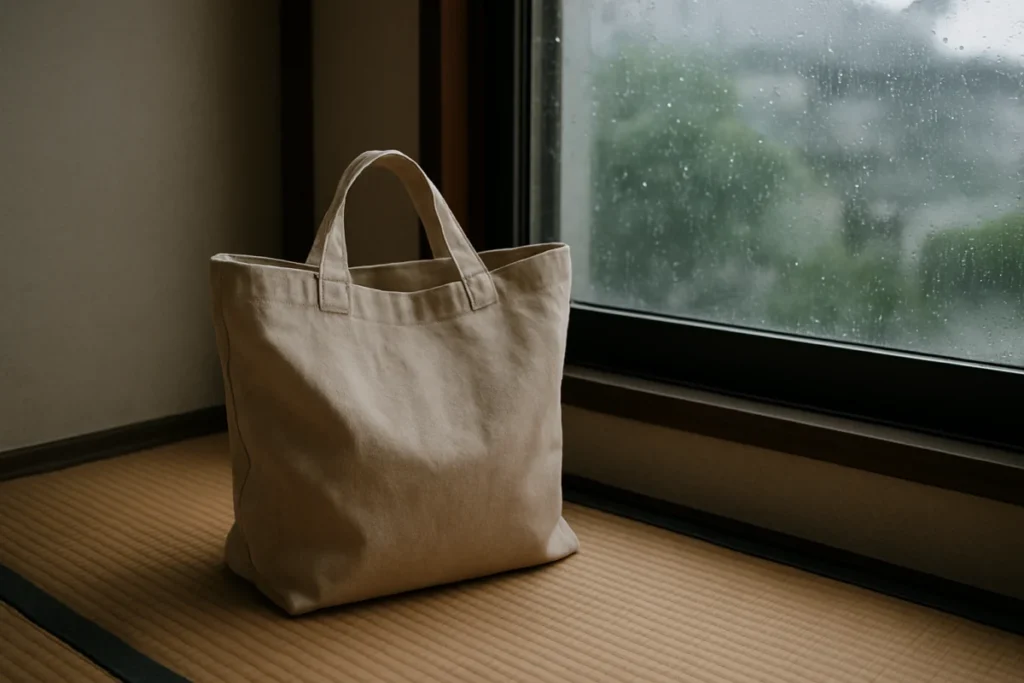 室内の窓辺に置かれたシンプルな布製バック