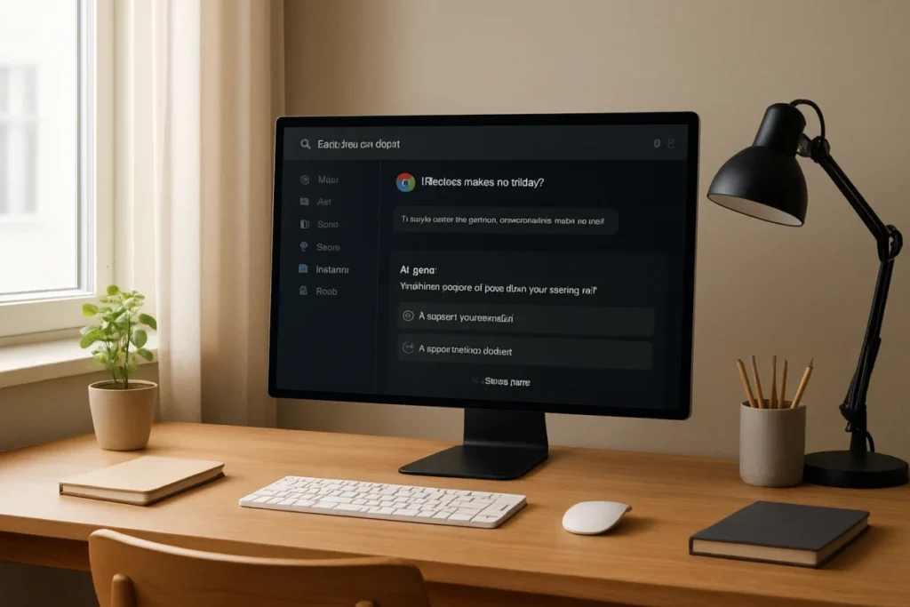 パソコン画面にAdobe Creative CloudのAIエージェントが表示されている室内の午後の風景
