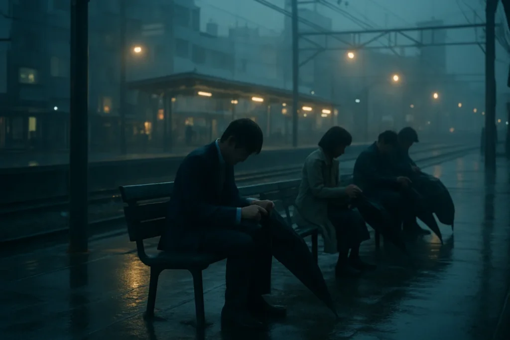 雨のやんだ駅前のベンチと人々の様子