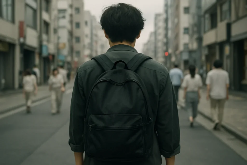 曇りの街中を背に歩くリュックサックを背負った人の様子