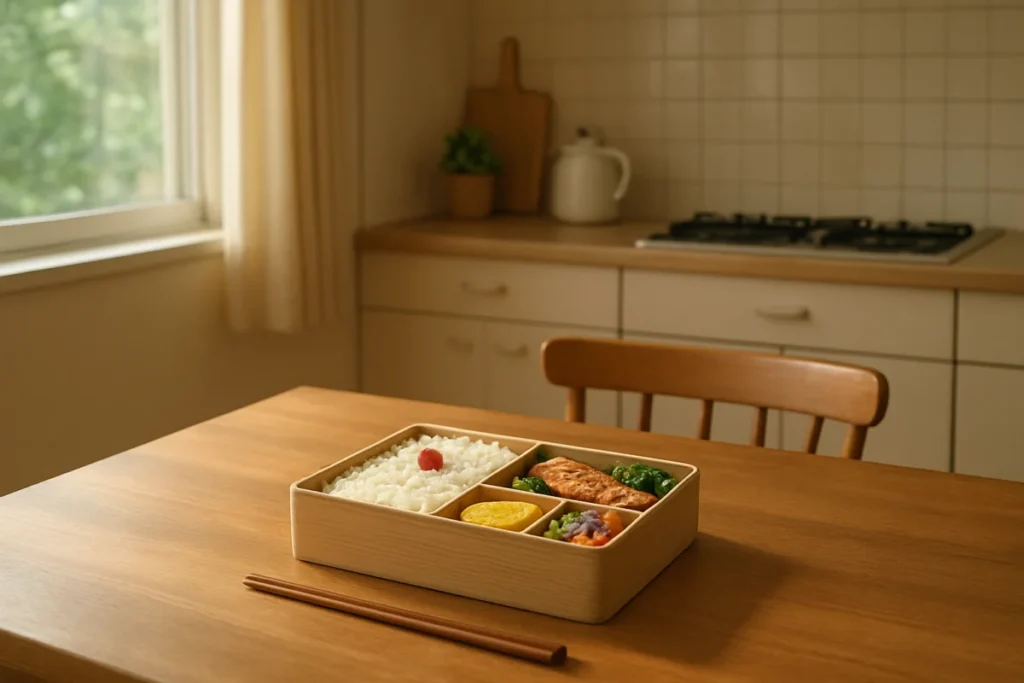 午後の台所で弁当箱が置かれた風景