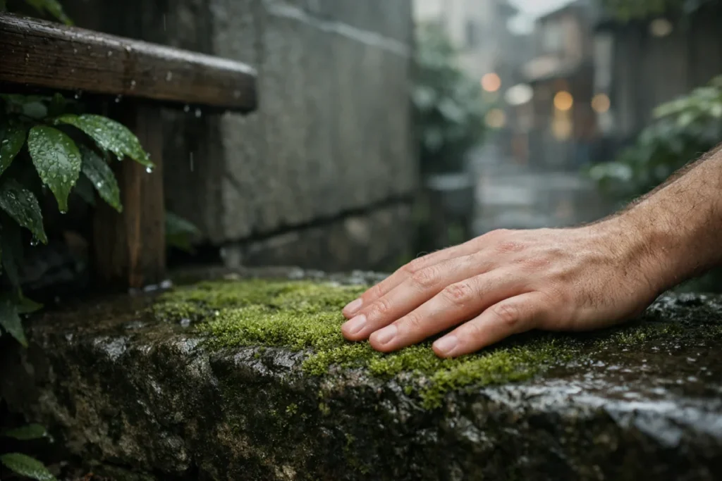 雨に濡れた石段と苔を触れる手元のアップ