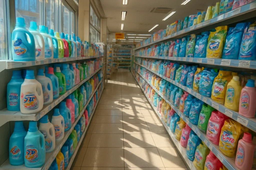 ドラッグストアの洗剤売り場で詰め替えとボトルが並ぶ棚