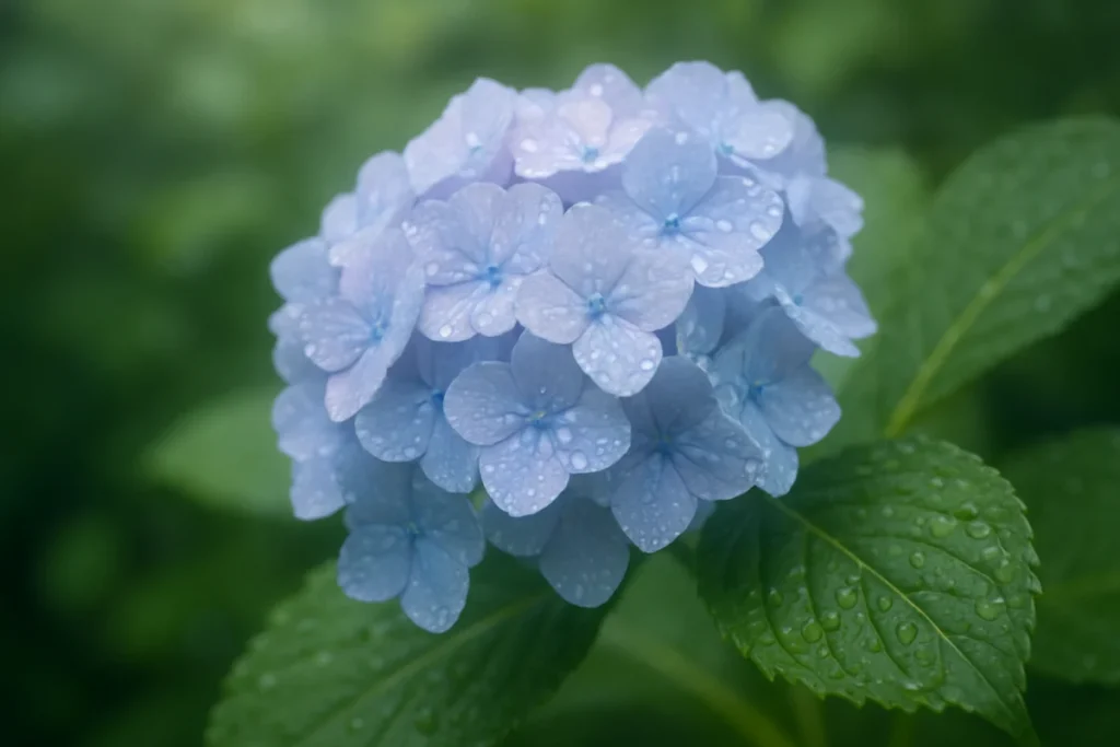 朝の雨に濡れた紫陽花の花