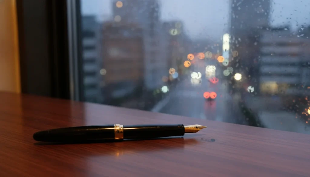 A close-up of a fountain pen resting on a wooden desk near a window during a rainy evening in Tokyo.