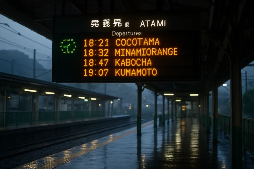 夕暮れの雨に濡れた熱海駅構内の電光掲示板