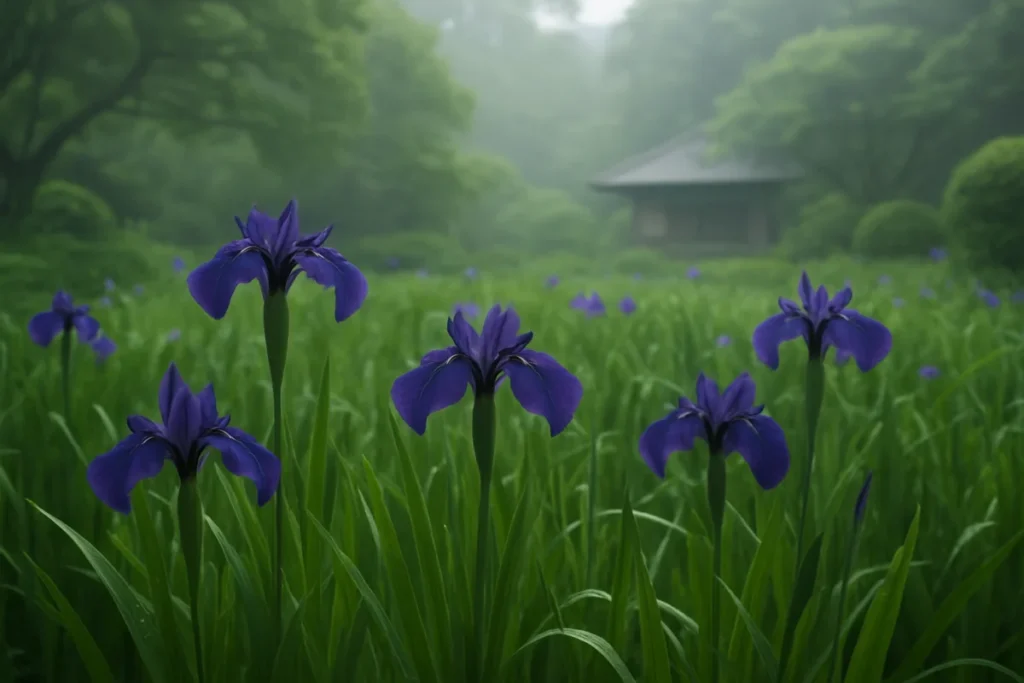 早朝の庭に咲く紫色のアヤメの花