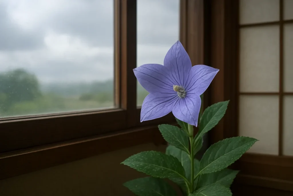 曇り空の朝、窓辺に咲く薄紫の桔梗の花と葉に残る夜露