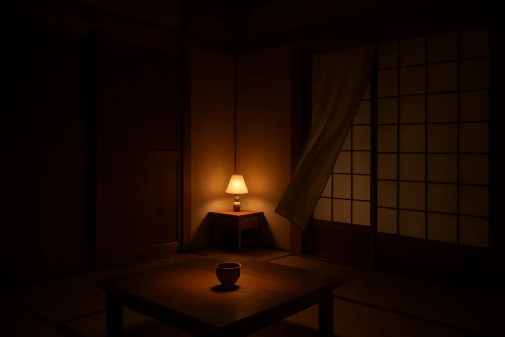 夜の室内で薄暗い照明が灯る部屋の様子