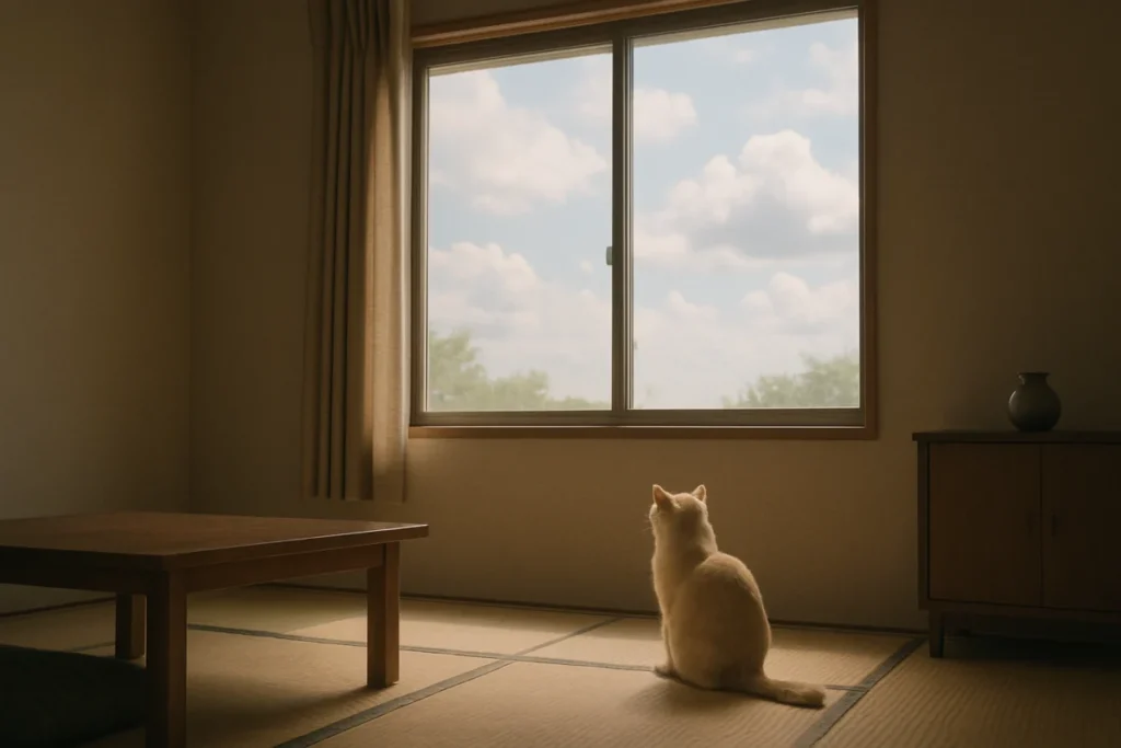 朝のリビングで窓辺に座る猫のシルエット