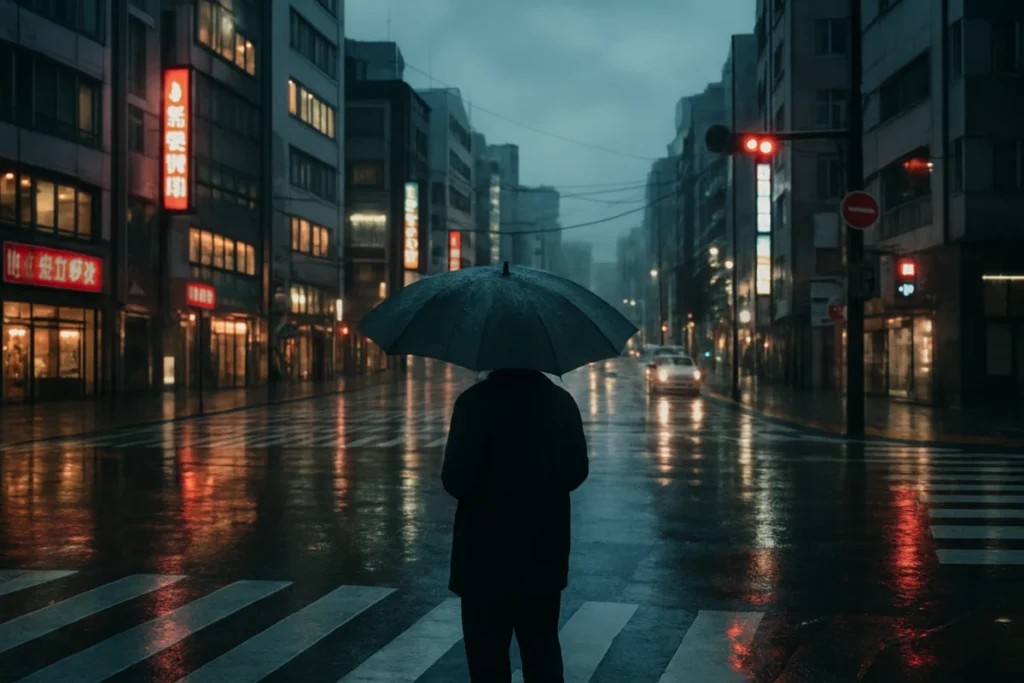 雨の中の街角で立ち止まる傘を持った人の後ろ姿