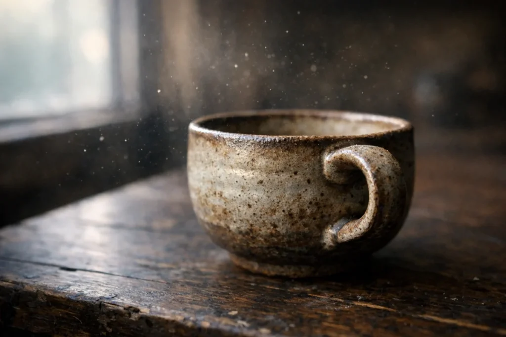 A weathered ceramic cup resting on a wooden table at dawn